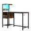 Bureau d'ordinateur brun avec prise de charge et étagères, alignement de tablette réversible, construction, lumières à DEL, ports, unités de complément de crochet pour casque d'écoute, installation, inclus