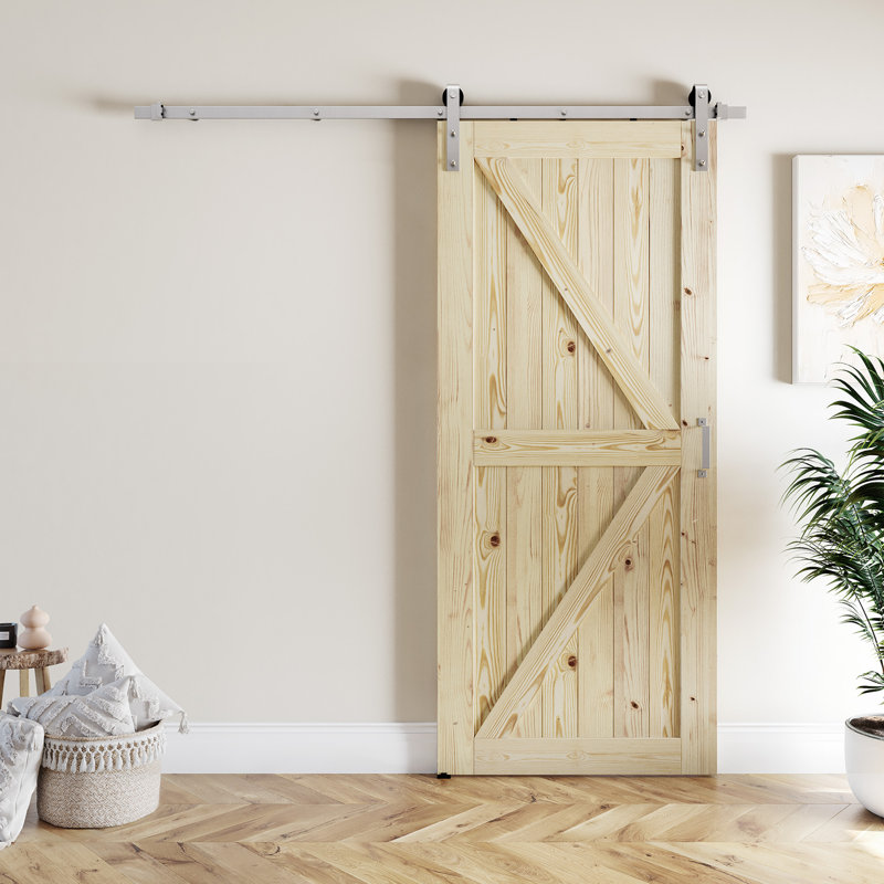 Porte de grange à panneaux en bois massif sans finition avec quincaillerie en nickel brossé, 42 po x 80 po