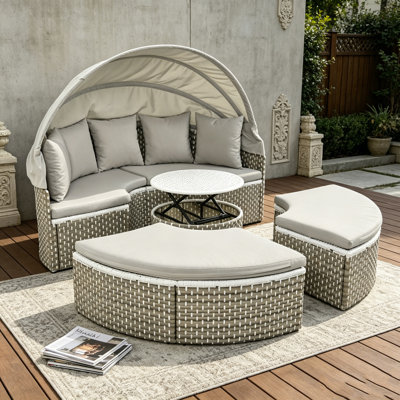 Ensemble de canapé modulaire d'extérieur rond en rotin à deux tons avec auvent rétractable