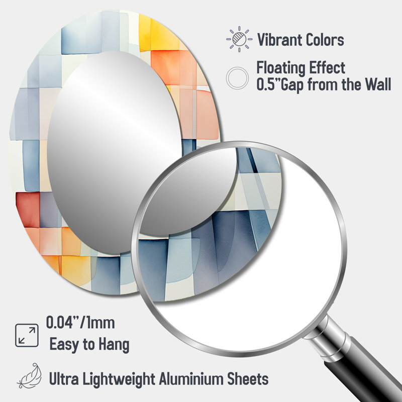 Multicolore cubes motifs V - Grand miroir mural ovale sur métal, H 40 po x l 30 po