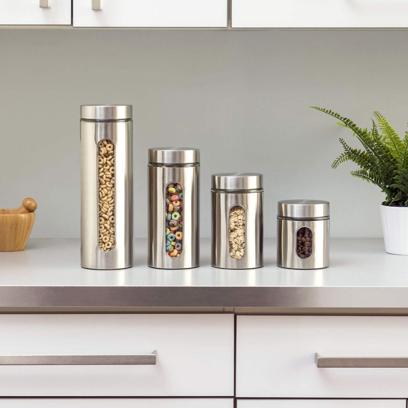 Ensemble de 4 pots en acier inoxydable pour comptoir de cuisine avec fenêtre en verre et couvercles hermétiques, contenants de rangement des aliments, ensemble de rangement pour garde-manger et d'organisation