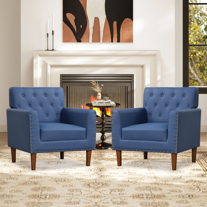 2 pièces Chaise d'appoint Mid-Century moderne avec boutons de décoration capitonnés bleu marine, Bleu, 2