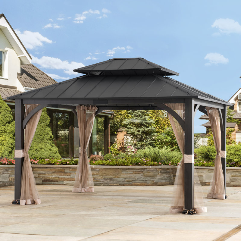 Sunjoy Hardtop Gazebo 13 x 15 ft. Outdoor Patio Steel Frame Gazebo with 2-Tier Metal Roof and Mesh Netting, Black