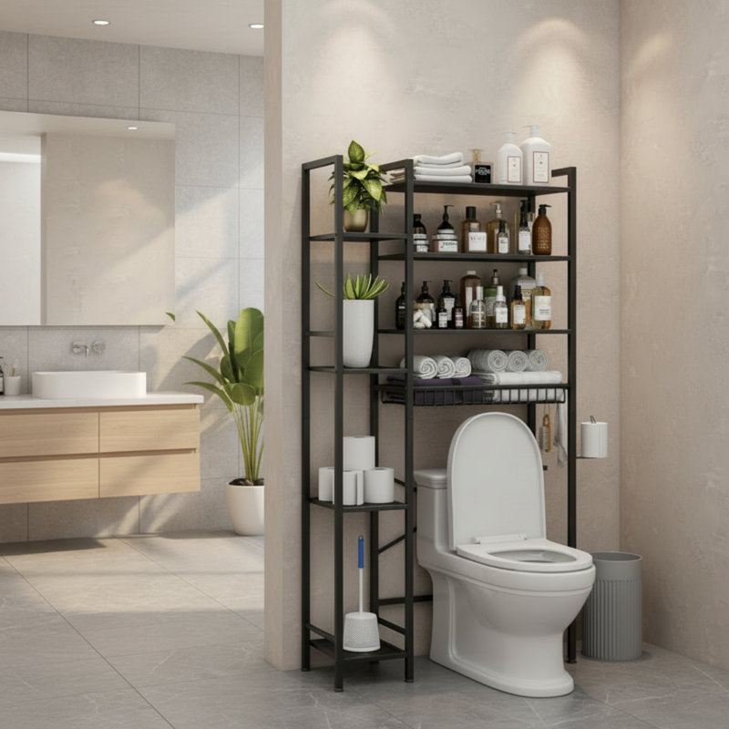 This All-Black 8-Tier Toilet Storage Rack Features A Side Shelf, Adjustable Shelves, And A Drain Basket, Offering Independent Storage And Suitability For Various Scenarios.