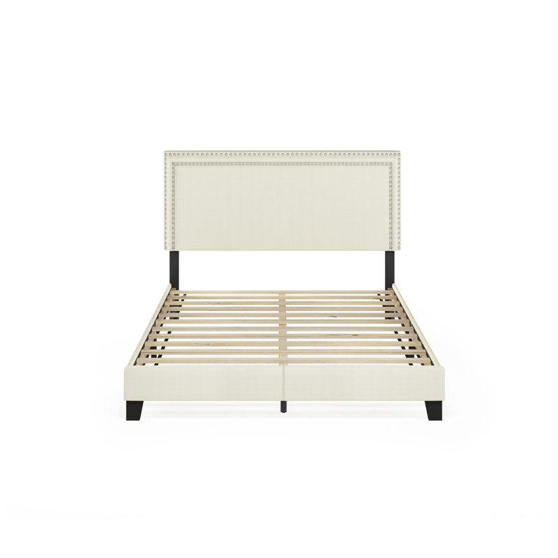 Carlester Upholstered Slat Bed, Queen, Cream, 100% Linen