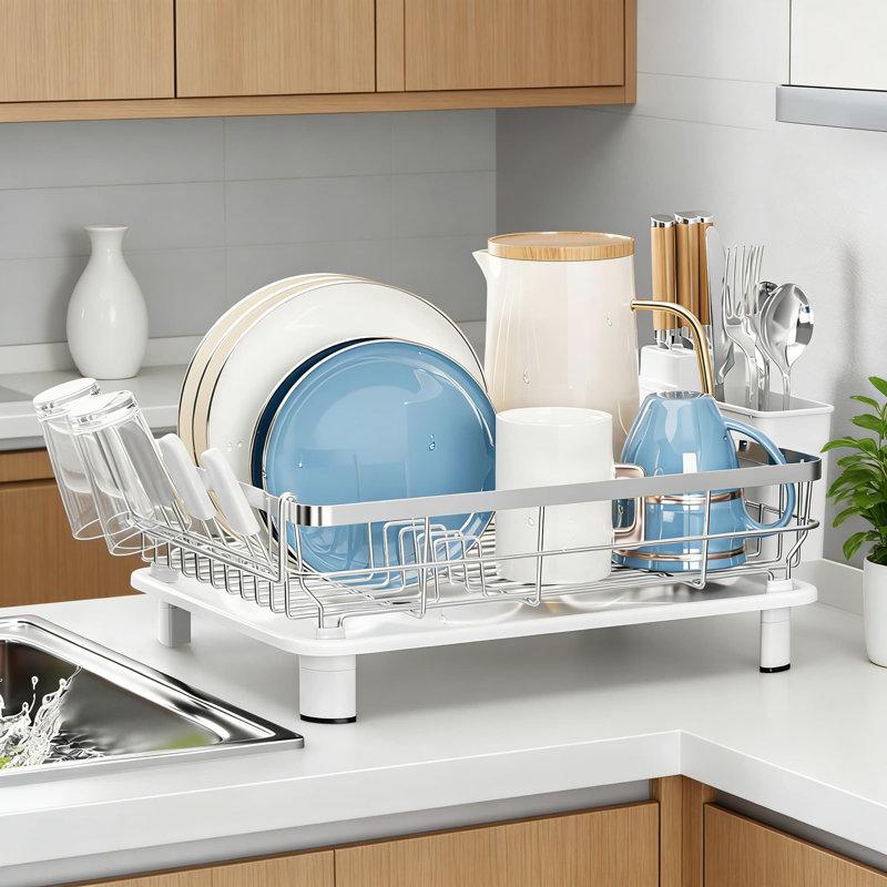 Stainless Steel Dish Drying Rack With Removable Utensil Holder, Drainboard And Glass Organizer - Space Saving Kitchen Counter Dish Rack For Efficient Drying And Storage
