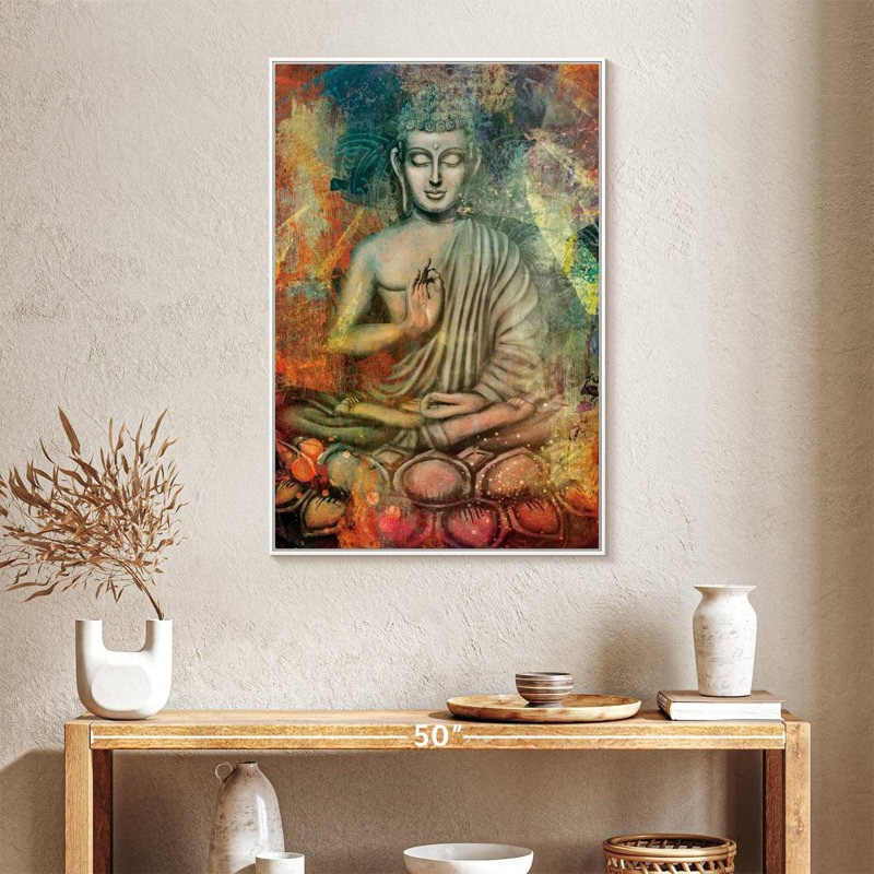Bouddha assis en couleurs, 25" x 37", Cadre flottant blanc