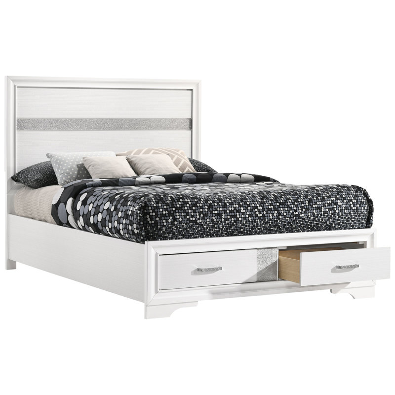 Lit à panneau double blanc avec compartiments intégrés, attrait intemporel pour la décoration de la chambre à coucher, fonction des poignées, bois franc asiatique et panneau de particules, rangement à compartiments longs de 79,66 po, look polyvalent