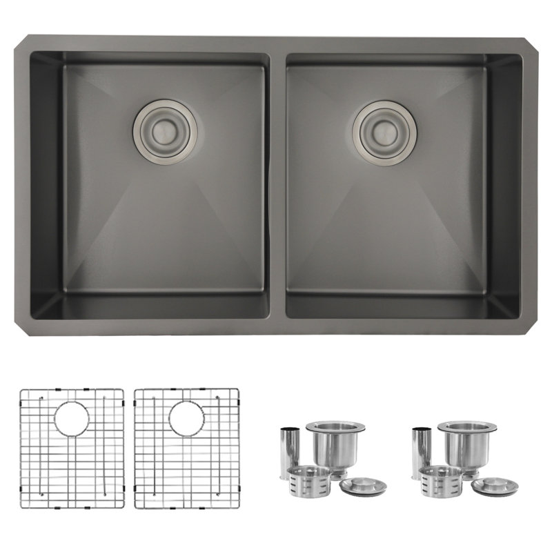 Évier de cuisine 32 po x 18 po en acier inoxydable de calibre 16 noir à double cuve 50/50 avec grille inférieure
