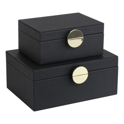 2-Pack Black Faux Vegan Leather Jewelry Boxes with Gold Hardware