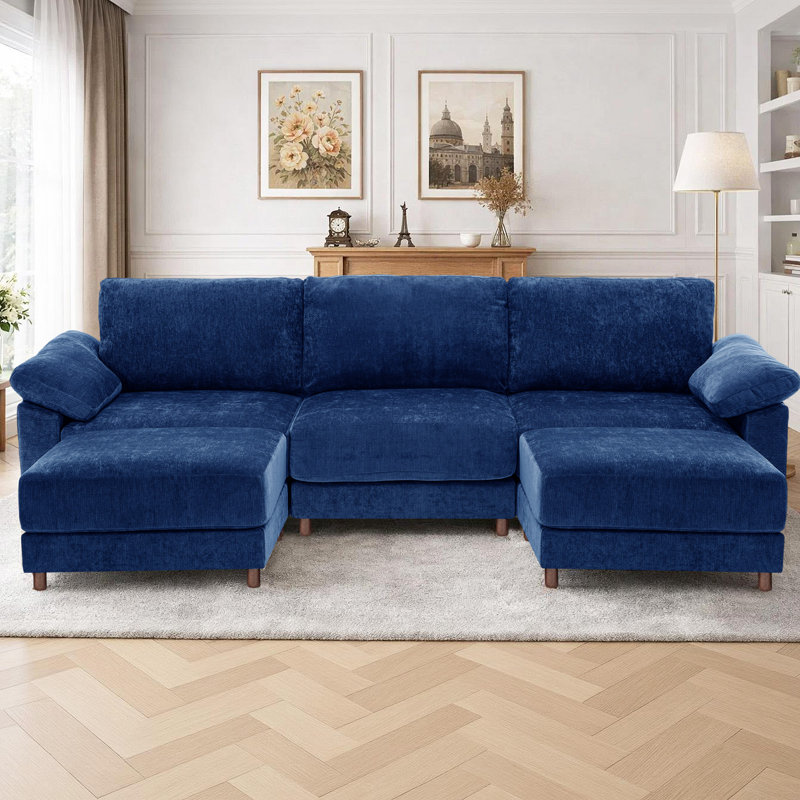 Canapé modulaire moderne pour le salon, Chenille bleu, H 37 po x l 145,7 po x P 37 po