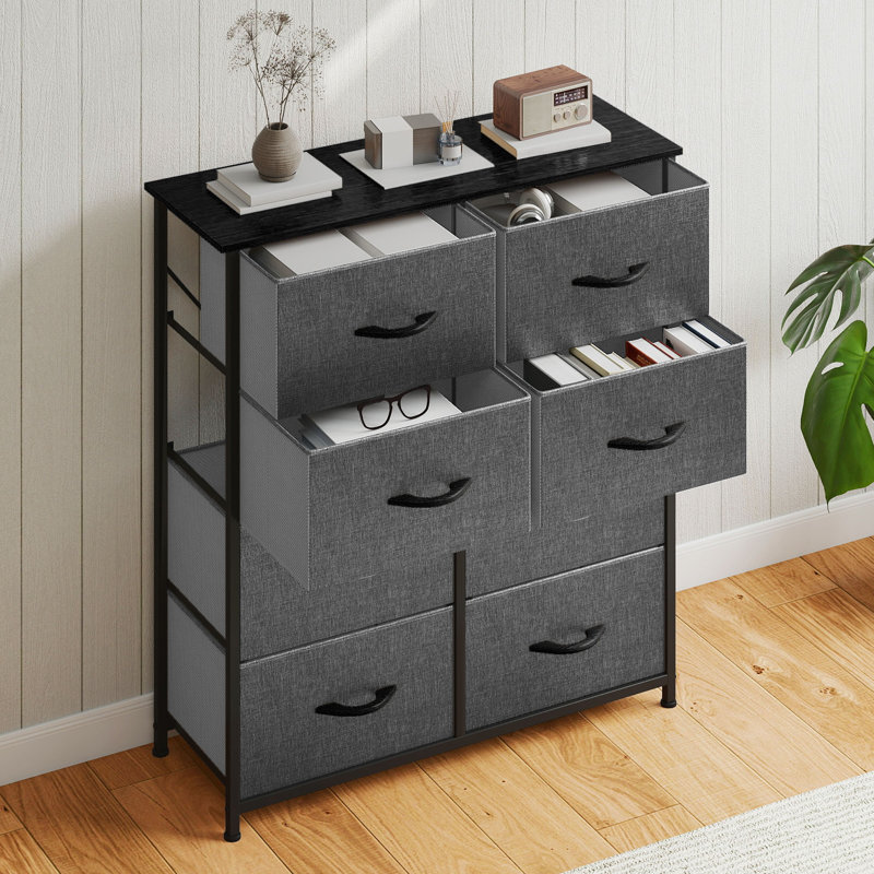 Kathiria 8 Drawer Double Fabric Dresser with Wood Grain Prints, Black