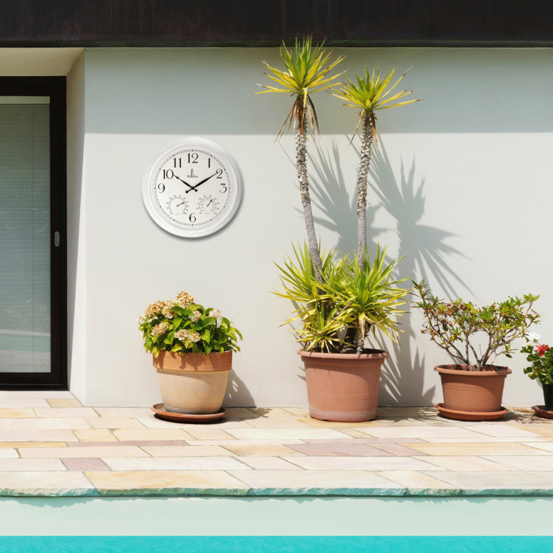 Horloges d'extérieur 18 pouces pour patio avec grand thermomètre blanc imperméable