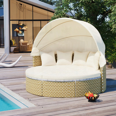 Rattan Daybed Two-Tone Weave Sunbed with Retractable Canopy