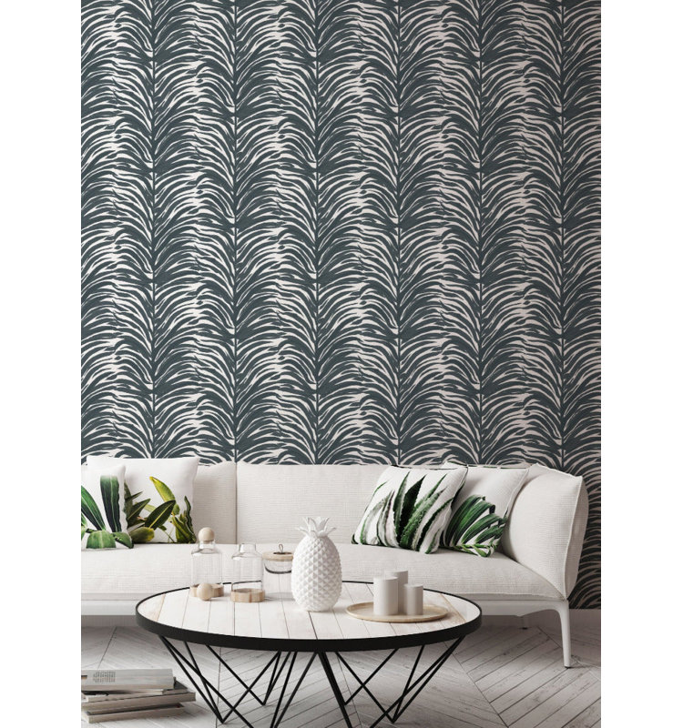 Deco Fern 10' L x 24" W Peel and Stick Wallpaper Roll, Charcoal, Premium Paper