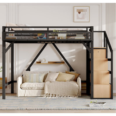 Lit mezzanine simple TG avec escalier de rangement, tablettes et garde-robe intégrée, cadre de lit mezzanine en métal avec ports USB et lumières DEL, conception à bruit réduit, bois naturel
