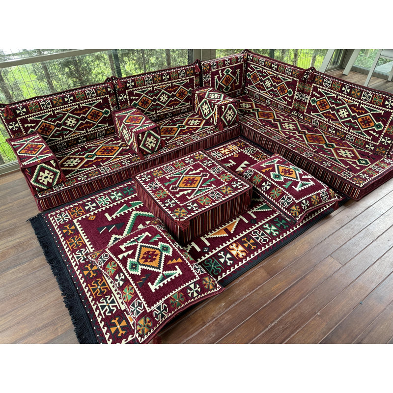 Ensemble de sièges avec repose-pieds et coussins de sol Rustic Tribal, Rouge vin