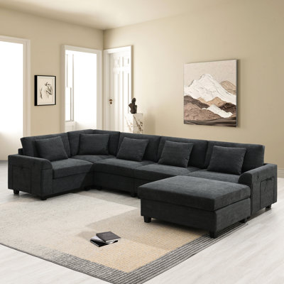 Chenille 6 Seat U Shaped , With Removable , Armrest Storage, Cup Holders & Ports For Relaxed Atmosphere Sectional Couch In Chenille, Movable And Charging Relaxation