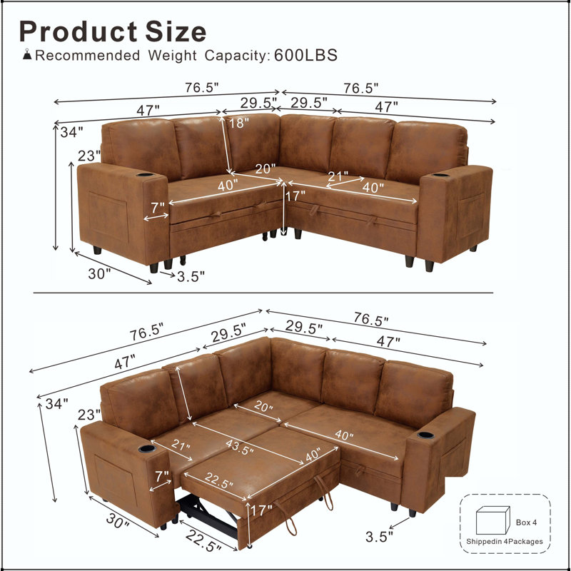 L-Shape Sectional Sofa Bed with Pull-Out Sleeper, Storage, and Cup Holders, Similicuir brun clair
