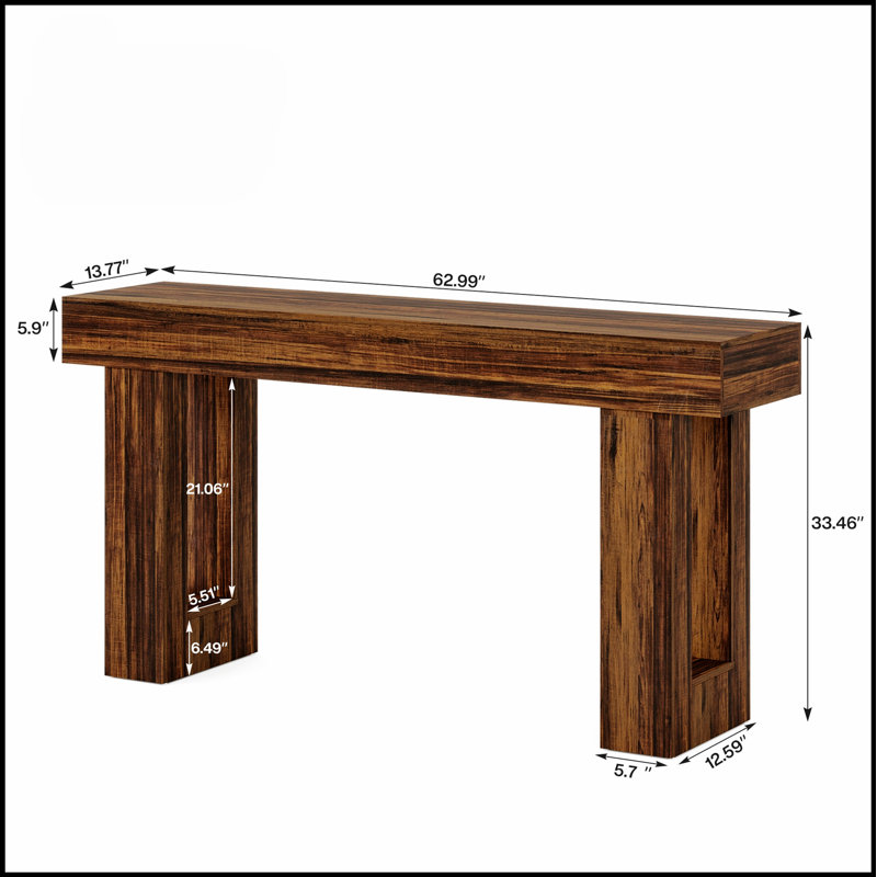 63 Inch Long Farmhouse Console Table with Rustic Brown Finish, Spacious Rectangular Top for Entryway and Hallway