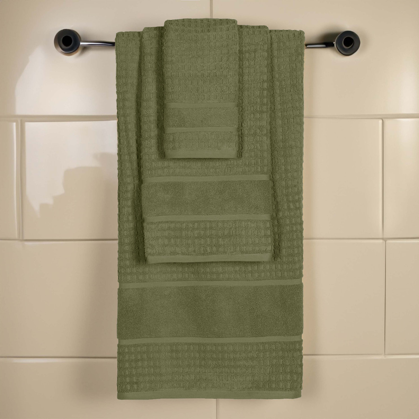 Hisela 3-Piece Waffle Cotton Towel Set, Forest Green, 3 Piece Towel Set