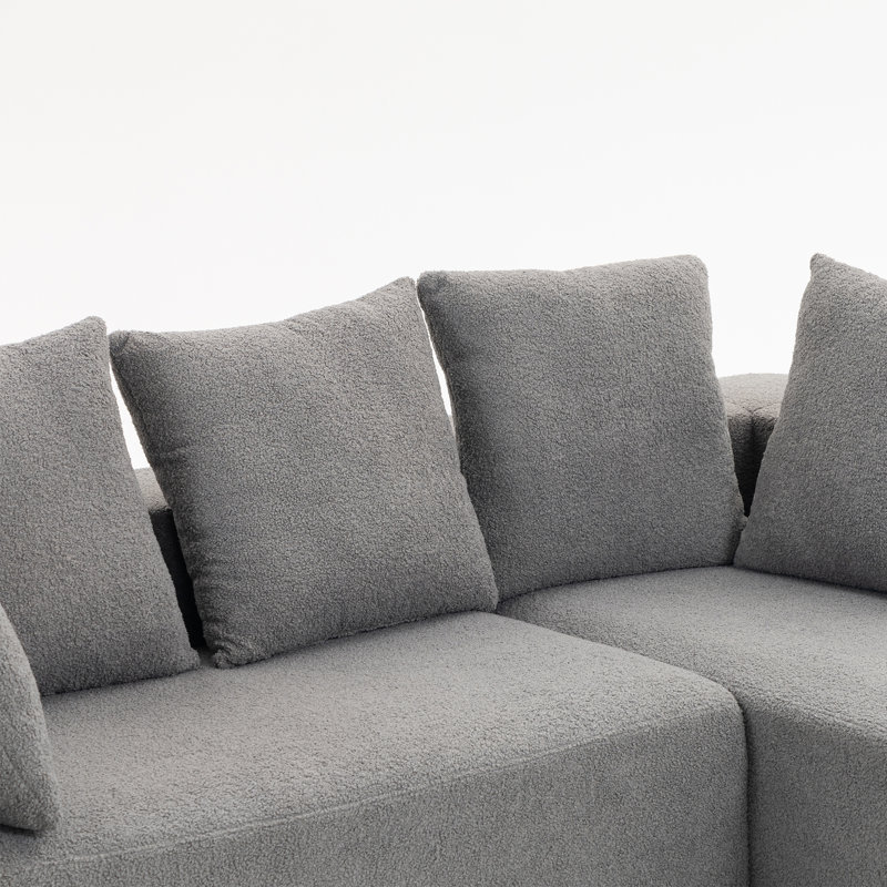 Canapé modulaire en L à compression complète en mousse avec 5 coussins moelleux - pour le salon, Tissu gris / bleu