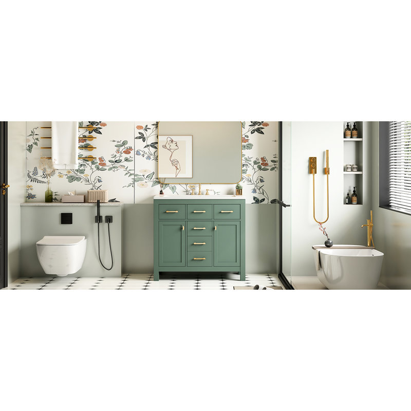 Meuble-lavabo moderne de 36 po, lavabo en céramique, 4 tiroirs, 2 armoires à shaker traditionnelles, trois portes pré-percées, lavabo à fermeture en douceur de 36 po, tiroirs pour articles, facile à installer