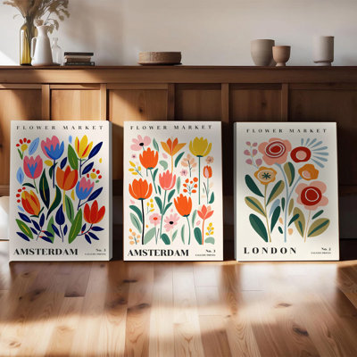 Lot de 3 affiches murales encadrées, style marché aux fleurs, imprimées sur toile, inspirées d'Amsterdam et de Londres. Décoration botanique moderne pour salon, chambre à coucher, cuisine. Affiches florales colorées (sans cadre).