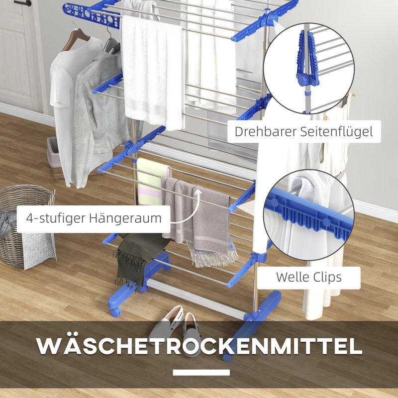 HOMCOM 4-Tier Clothes Airer Foldable with Wheels, Silver/Blue