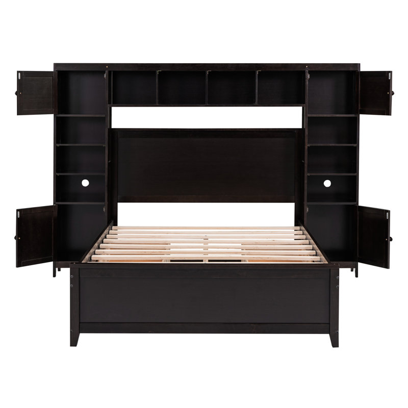 Lit double en bois avec armoire et tablette, finition moderne, Espresso