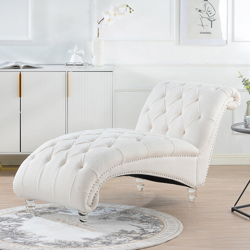 Chaise longue rembourrée avec pieds en bois Montaz, Blanc, Transparent