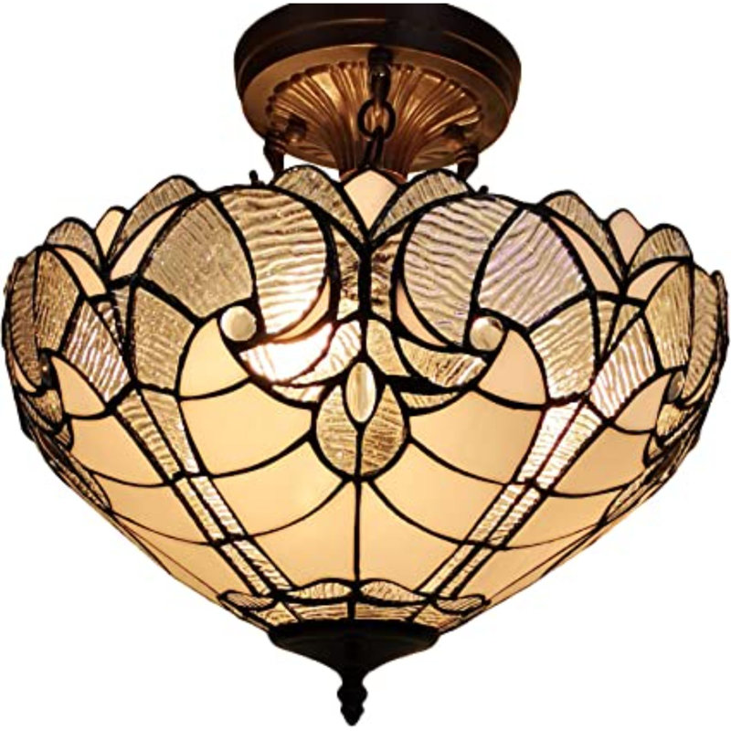 Plafonnier semi-encastré à intensité variable jaune et brun à deux lumières de style Tiffany