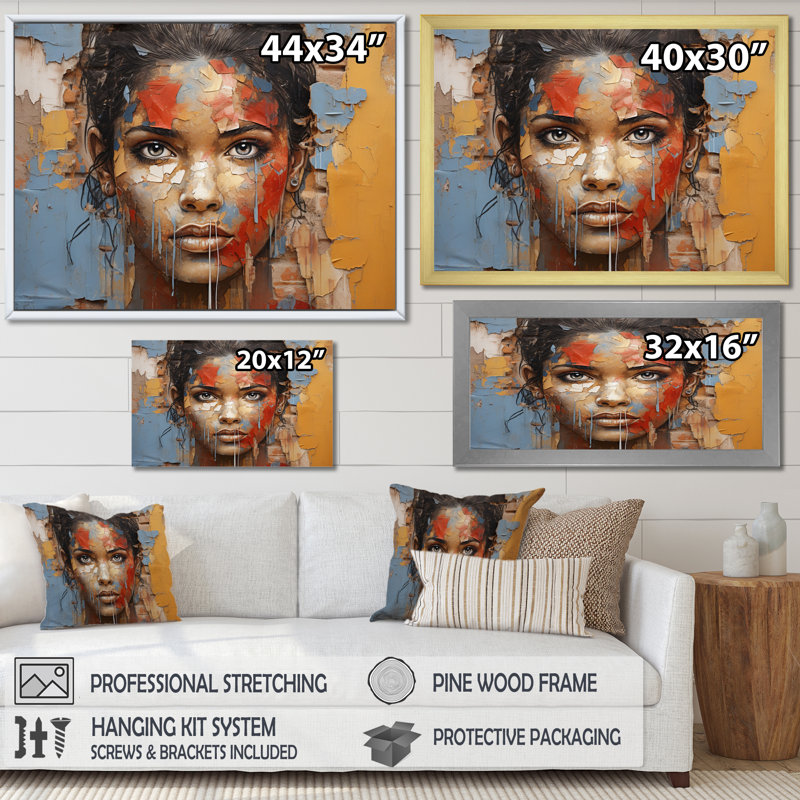 Cuban Woman Street Art - Modern Canvas Art Print, H 34 po x l 44 po x P 1,5 po, Cadre simple argenté