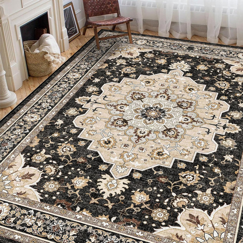 Washable Living Room Area Rug - Stain Resistant Medallion Soft Bedroom Rugs Distressed Design Non Shedding Carpet for Indoor Outdoor Floor Coverings (Black)