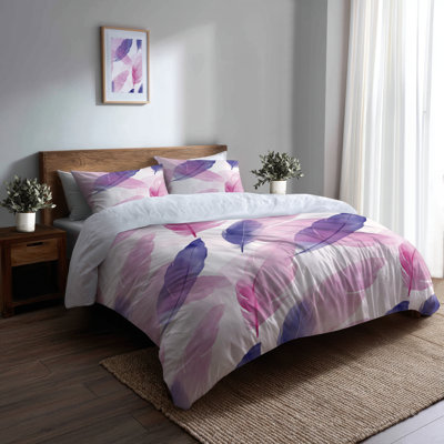 French Country 3 Pcs Bedding Set - Striped Purple And Pink Feather Stripes Duvet Cover And Throw Pillow Set