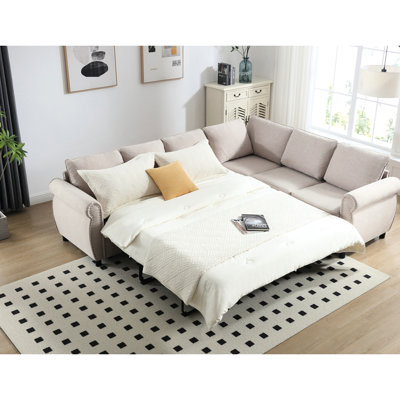 2 In 1 Pull Out Sleeper, 6 Seater, Construction, Beige Home L Shaped Sleeper Sectional, Comfortable Cushion,