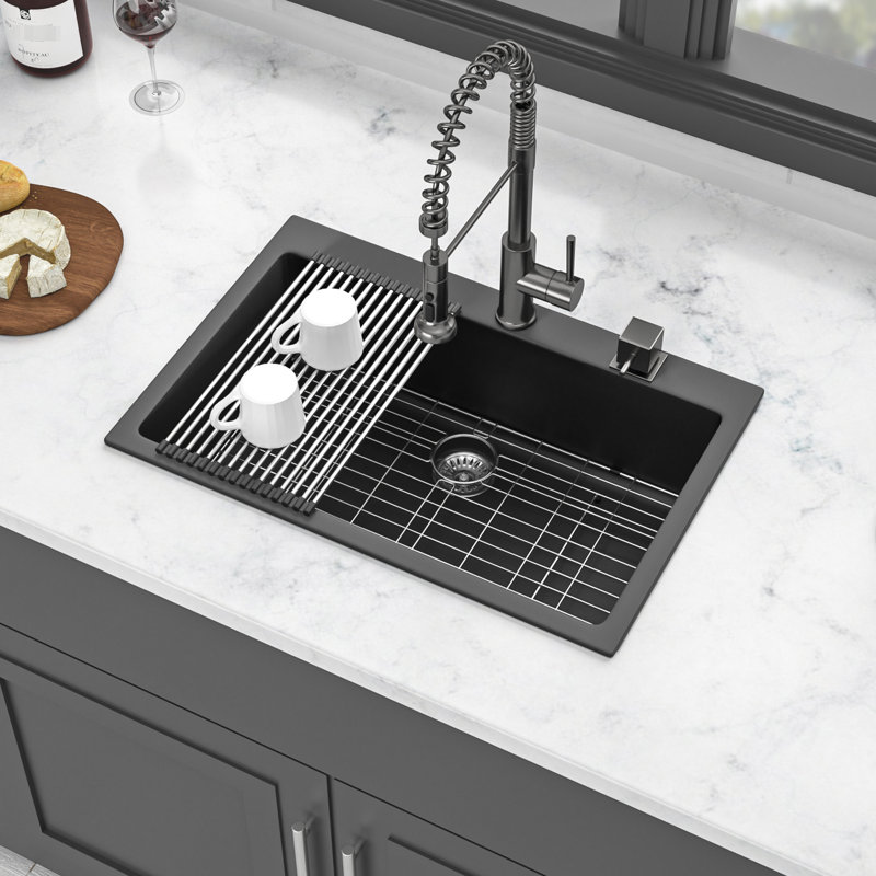 Évier en quartz composite 33 x 22 po, aspect granit noir et stable, minimise les saletés, la fonctionnalité hygiénique silencieuse, la saleté à surface lisse, le fonctionnement