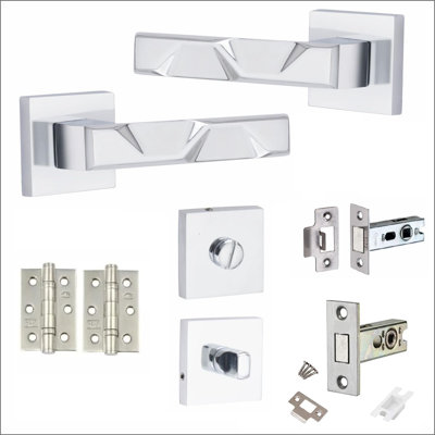  Modern Nova Premium Design Bathroom Door Handles on Square Rose in Polished Chrome with Dead Bolt, Latch, Ball Hinges and Thumbturn