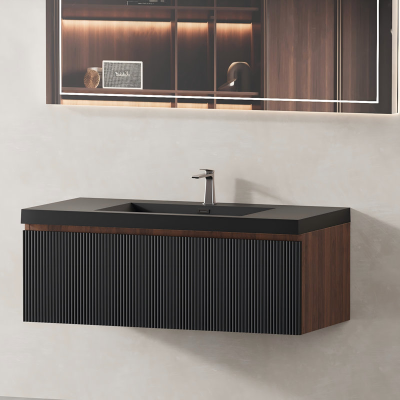 Meuble-lavabo suspendu simple de 107 cm (42 po), tiroir à fermeture douce cannelé vertical, en forme de U, préassemblé, armoire noire, lavabo en quartz noir sable