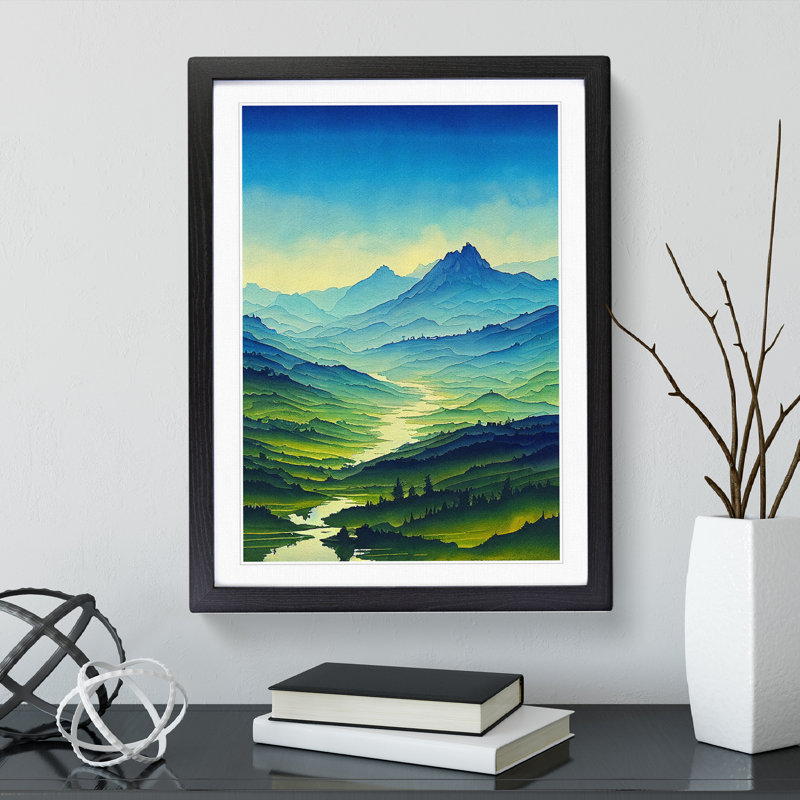 XV1022-3836X River Landscape Watercolour No.2 - Single Picture Frame Painting, Black, 64cm H x 46cm W x 2cm D