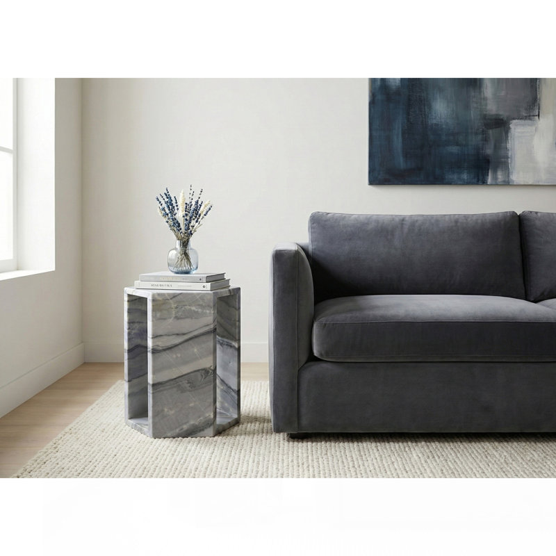 Table de bout luxueuse en marbre naturel de luxe Aurora, table de bout hexagonale de 16 cm de long avec finition polie - bleu, mauve, doré, socle en pierre multi veine pour le salon (40 cm x 32 cm)