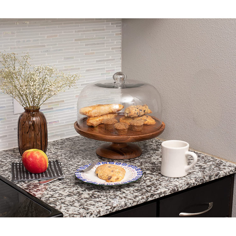 Présentoir à gâteaux avec dôme en verre et base en bois BIRDROCK HOME - Plateau de service à dessert en fer et en bois - Desserte rustique Farmhouse - Desserte surdimensionnée pour fête moderne - Présentoir de cuisine de table - Rond