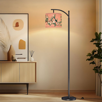 Lampe sur pied à arc avec abat-jour réglable Chinoiserie paon floral rosé rose animal oiseau branche d'arbre exotique lampe sur pied 3 températures de couleur à intensité variable haute lampe sur pied avec interrupteur au pied pour la chambre à coucher