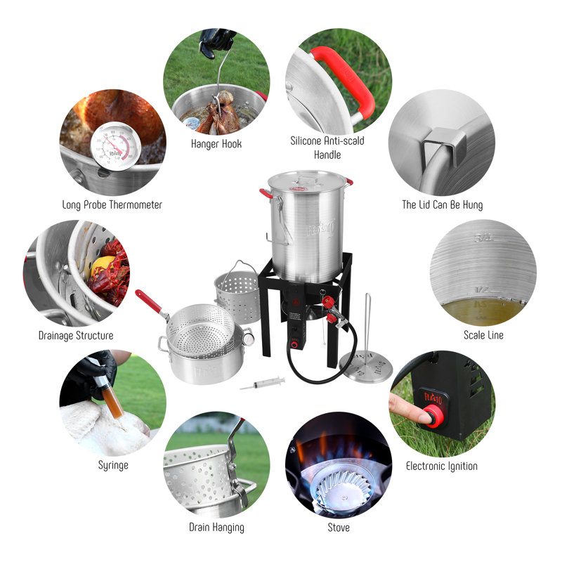 Pots en aluminium de qualité supérieure de 30 pte Feasto Friteuse à dinde et 10 pintes Ensemble de cuisson à la vapeur pour friteuse à poisson, allumage automatique