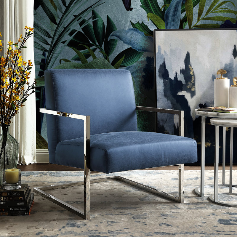 Fauteuil d'appoint carré en cuir Chester avec structure en acier inoxydable Chester, Chrome, Similicuir bleu marine