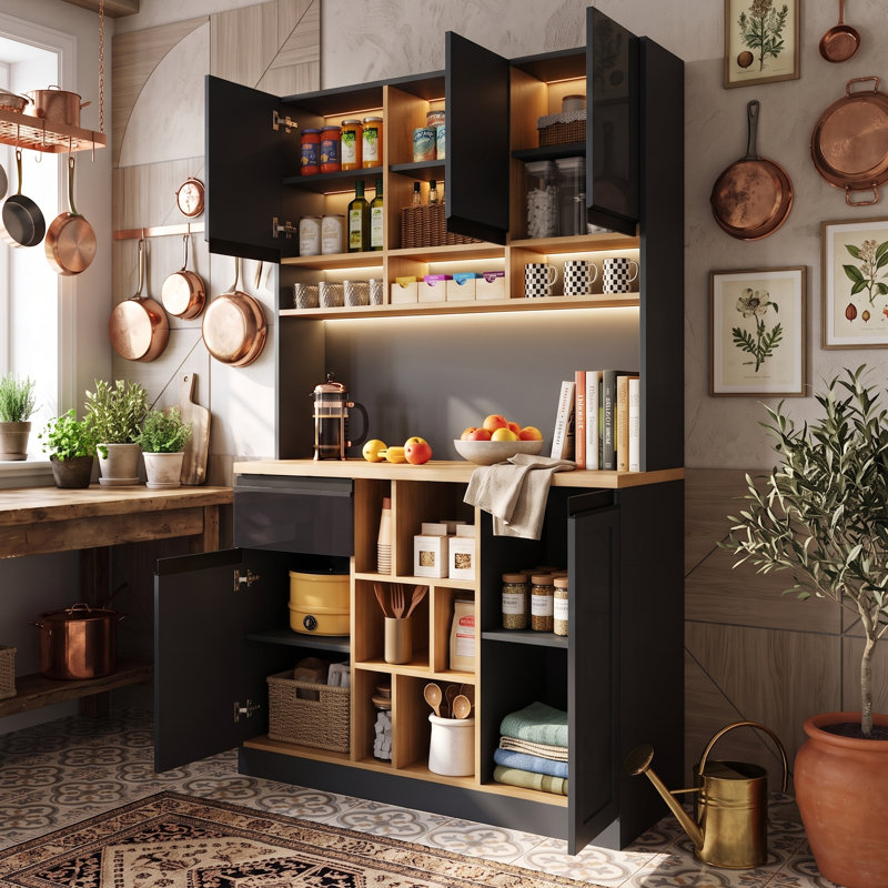 105cm W Large Freestanding Kitchen Cabinet & Microwave Stand with High Gloss Doors, Multi-Tier Double Door Pantry Cupboard, Black & White, 105x45x185cm