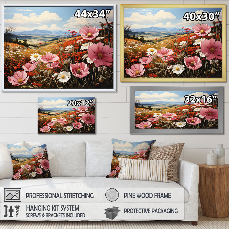 «Pink Crimson Flower Meadow Field X», reproduction sur toile, Cadre flottant noir, H 16 po x l 32 po
