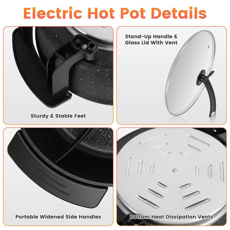 Fondue électrique 6L avec séparateur - Pot à shabu Shabu de 1100 W à 5 réglages de température