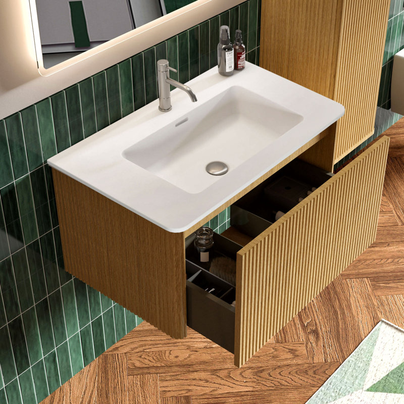 Hannemarie 30" Pre-Assembled Wall Mounted Single Bathroom Vanity with Top with Overflow, Natural Oak, 30"