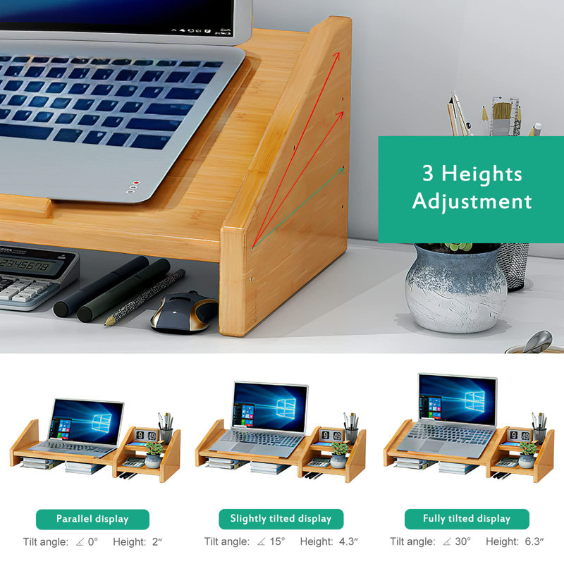 Bamboo Laptop Stand For Desk 3 Heights Adjustable Notebook Stand Computer Monitor Riser With 2 Tier Storage Shelf, Desktop Organizer Printer Stand For Home Office